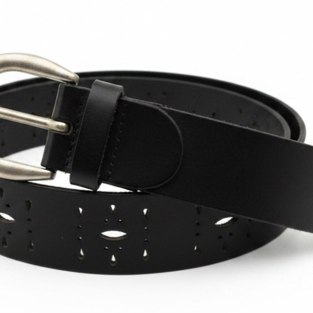 Womens Black Genuine Leather Belt Perforated Brushed Metal Buckle Boho Western L